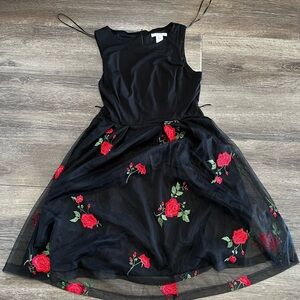 Studio One Black Dress with Lace & Red Floral Accents Roses size 6